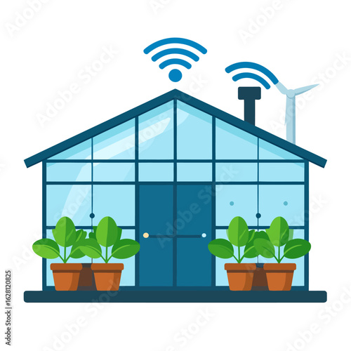 Modern smart greenhouse illustration with glass panels, a wind turbine, and wireless technology.