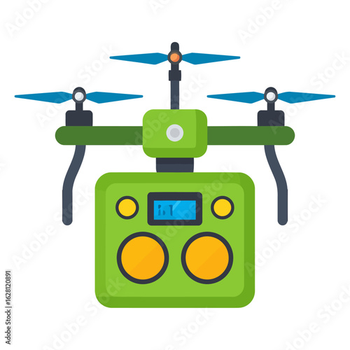 Modern green IoT quadcopter drone with dual orange camera lenses and blue propellers.