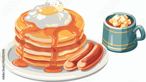 Illustration of a stack of pancakes topped with an egg and syrup with sausages and a mug of drink