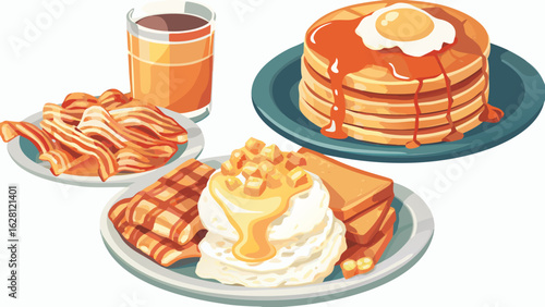 Illustration of a breakfast with pancakes, bacon, waffles, biscuits, and a glass of orange juice