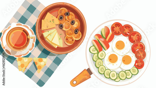 Overhead view of breakfast with fried eggs cheese olives and tea on a checkered tablecloth design
