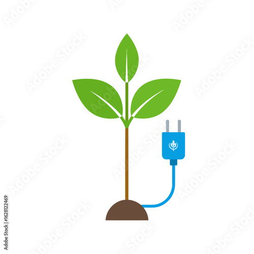 A green sapling growing from the earth with a blue electric plug connected to its base, symbolizing renewable energy.
