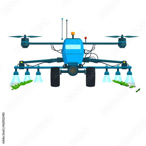 Blue agricultural drone with spray nozzles and wheels