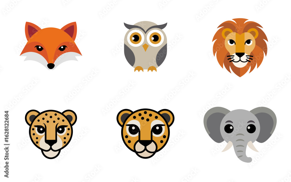 Fototapeta premium Fox owl lion cheetah elephant animal icons vector
