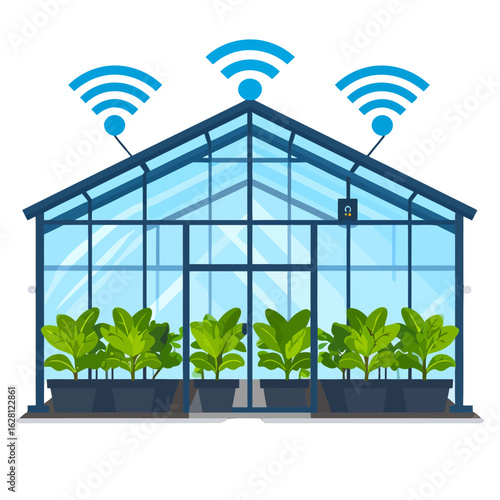 Modern smart greenhouse with Wi-Fi sensors for automated plant cultivation and climate control.