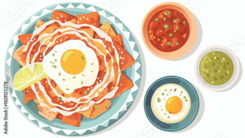 Overhead view of chilaquiles with fried egg and sauces served on decorative plates and small bowls