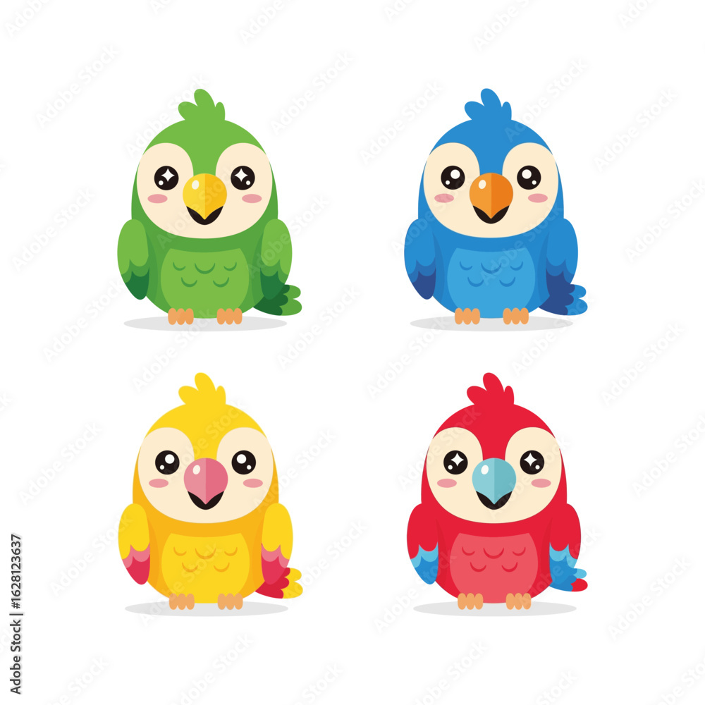 Fototapeta premium Cute Cartoon Parrot Set in Various Colors