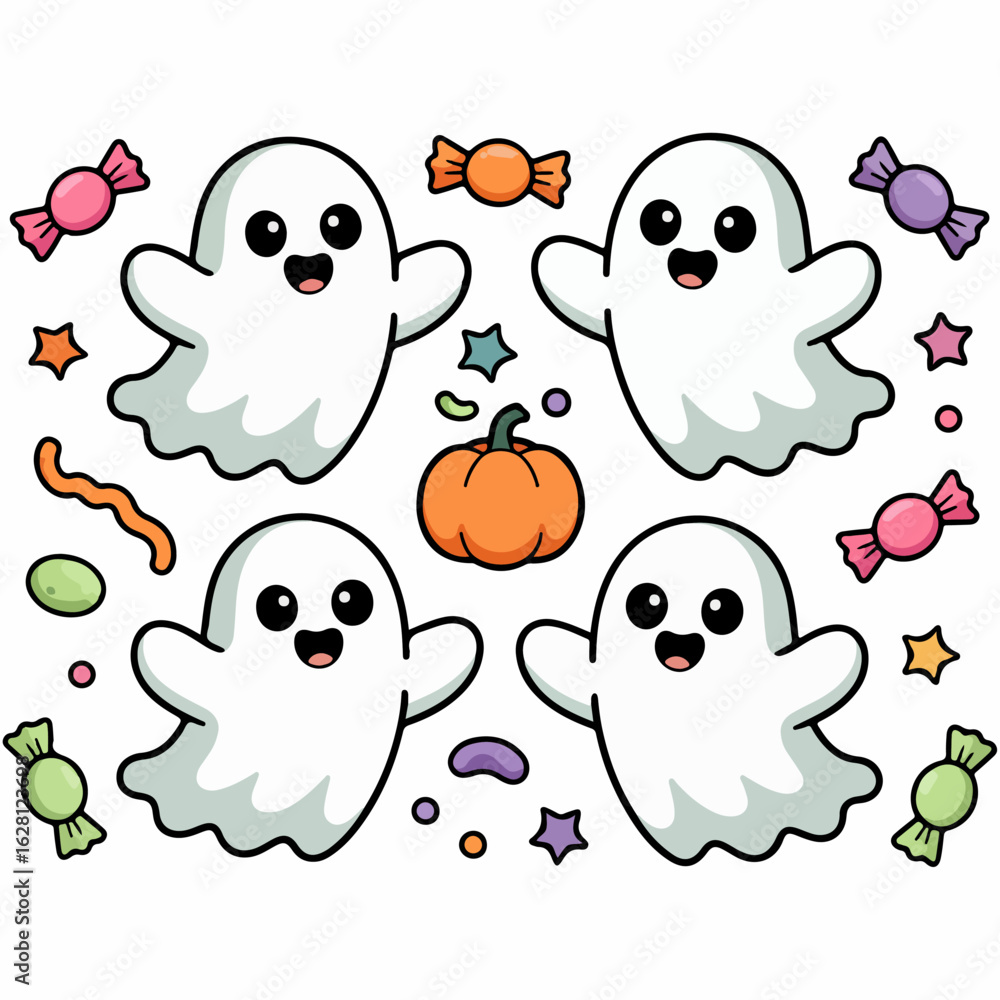 Obraz premium halloween ghost set with candy, pumpkin and candy corn