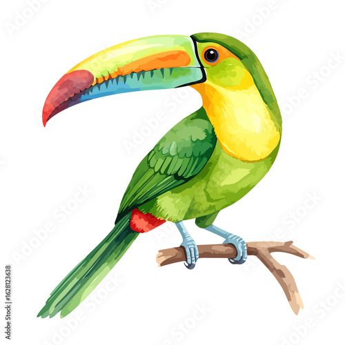 Watercolor illustration of a vibrant green toucan perched on a branch, showcasing its colorful beak and detailed feathers.