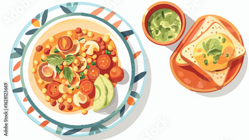 Still life of chickpea stew with tomatoes mushrooms and avocado next to toast and avocado dip