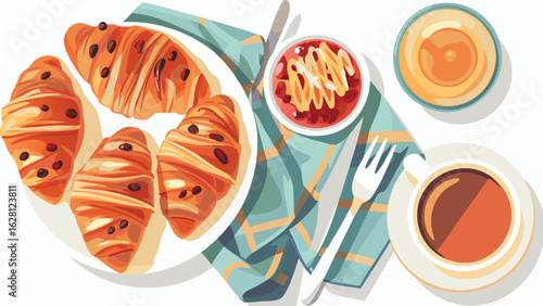 Overhead view of croissants with chocolate chips and coffee on a patterned cloth napkin laid out