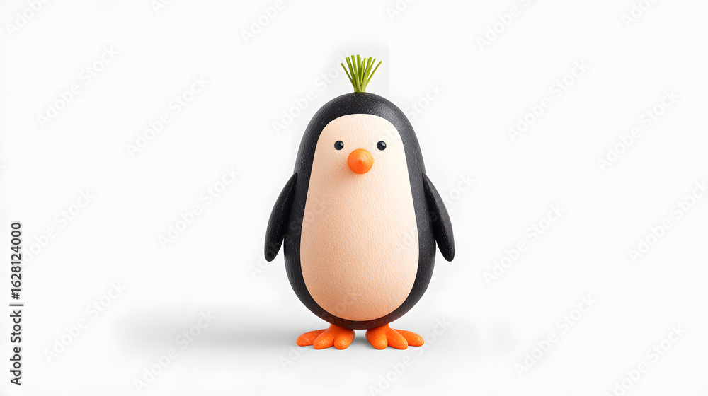 Obraz premium Penguin shaped figure made from vegetables and fruits, creative food art on white background