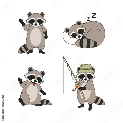 Raccoon in Various Poses Waving Sleeping Smiling and Fishing