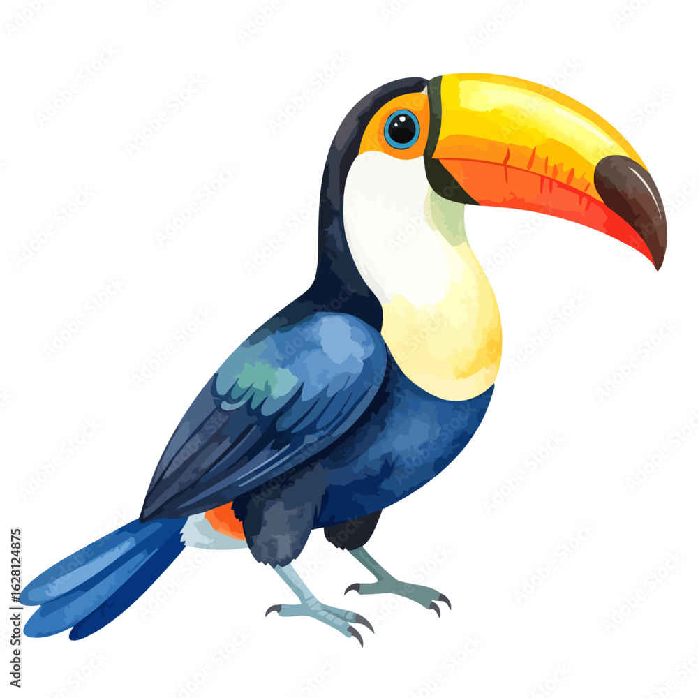 Obraz premium Vibrant watercolor painting of a toucan, showcasing its colorful beak and plumage.