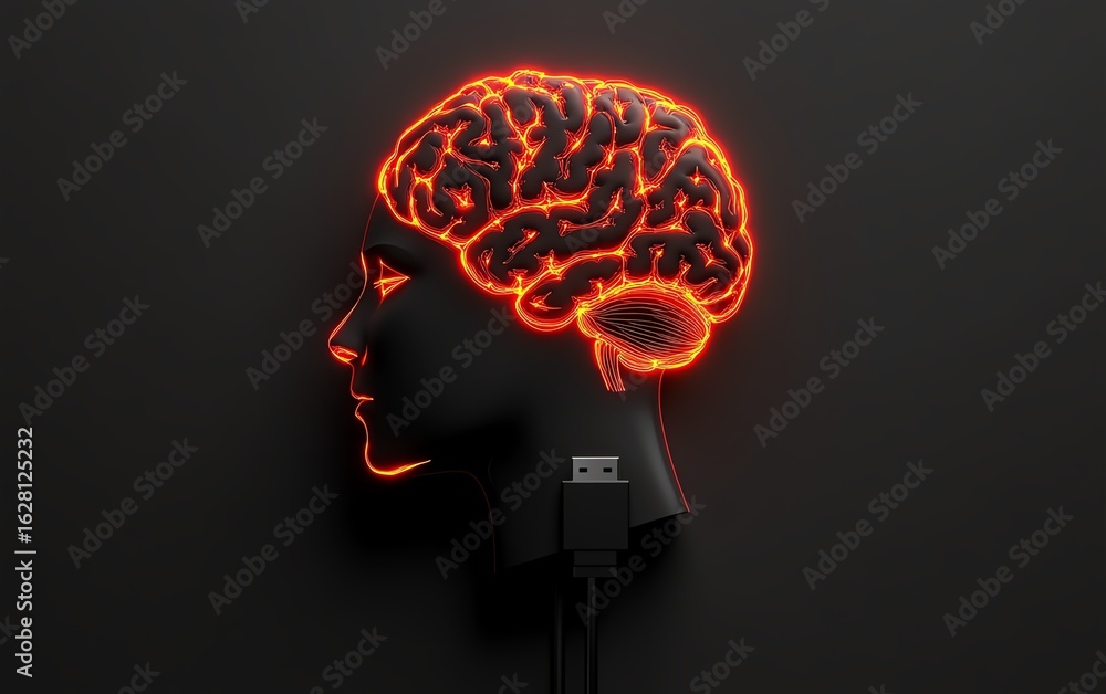 Obraz premium USB cable forming abstract brain and head outline, representing anxiety and power, 3D rendering with space for mockup on wide black background