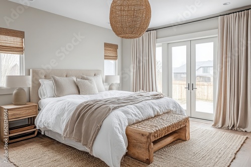 Serene coastal bedroom with neutral tones and natural textures