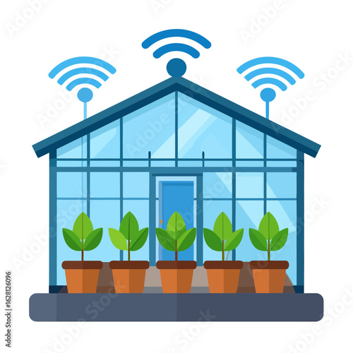 Modern smart greenhouse with Wi-Fi symbols, featuring a glass structure and a row of potted plants, illustrating agricultural technology.