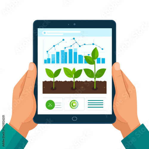 Hands holding a tablet displaying an agritech app with plant growth charts and seedling illustrations.