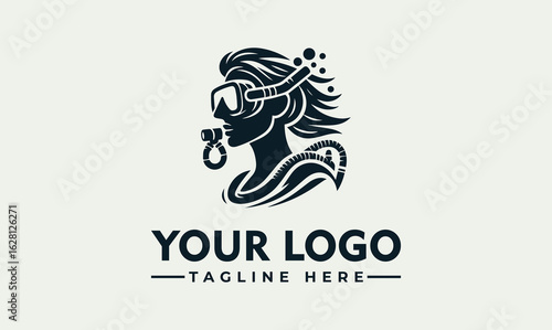 A stylized logo featuring a woman scuba diving, with flowing hair and waves.
