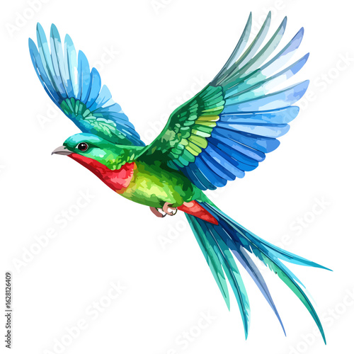 Stylized watercolor quetzal bird flying with elegant long tail feathers.
