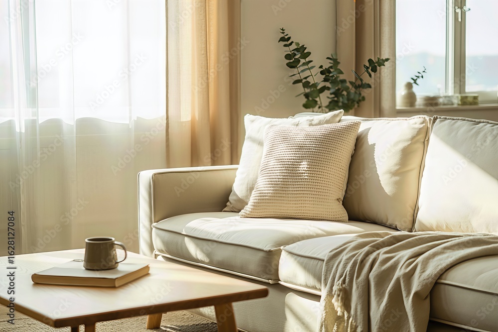 Fototapeta premium Bright and peaceful minimalist living room interior with warm natural light illuminating a cozy beige sofa, decorative pillows, a throw blanket, and a simple wooden coffee table with a book and mug.