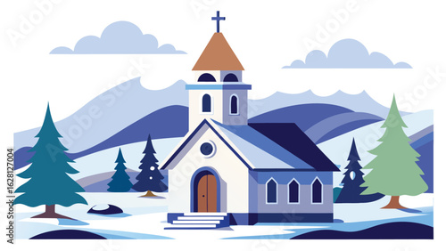 Snow Covered Church Bell Tower Vector.