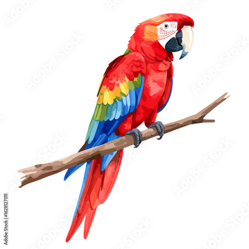 Vibrant Scarlet Macaw Perched on a Branch, Vector Illustration