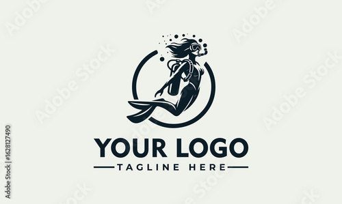 Silhouette logo of a diver, stylized as a mermaid, submerged in water, within a circle.
