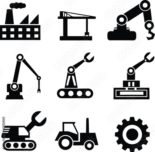 Factory and robotics icon set – machines, gears, cranes, conveyor arms