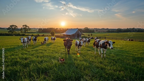 Herd of cows grazing in a lush green field at sunset with a barn and trees in the background scenery