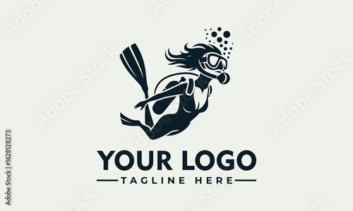 Silhouette of a woman scuba diving underwater with equipment, bubbles rising.