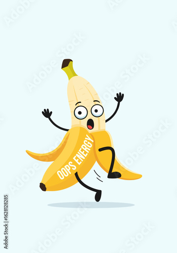 Funny cartoon banana character with oops energy expression falling over with legs in the air