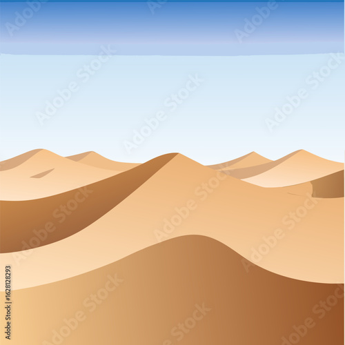 Stylized desert landscape with rolling sand dunes under a clear blue sky and soft gradient