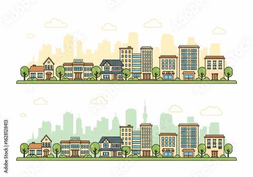 Diverse collection of stylized residential homes and modern apartment buildings situated on a green landscape against a cityscape backdrop