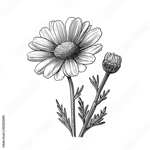 Classic herbal illustration of chamomile flower and stem  