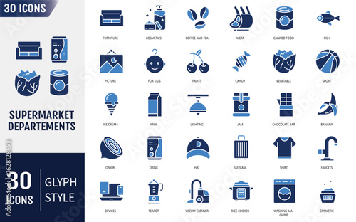 Supermarket Departments Flat Icons set. Containing food, household goods, cosmetics, sports and health, and more. Vector illustration