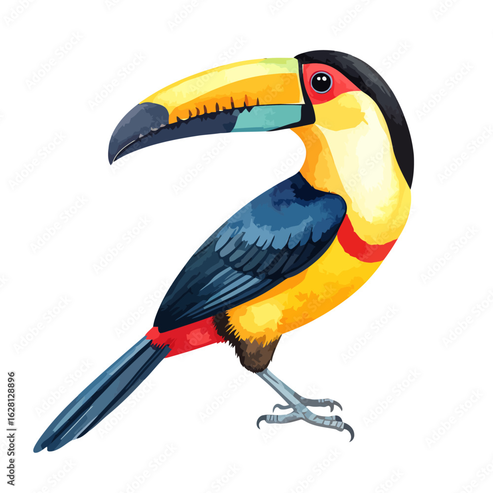Fototapeta premium Vibrant toucan illustration with a large, multi-colored beak and bright yellow and blue plumage.