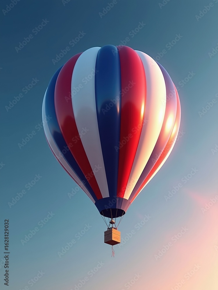 Naklejka premium Hot air balloon with red, white, and blue stripes floating in a clear sky during sunrise or sunset.