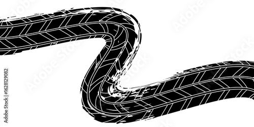 Tire tracks, wheel textures, tire tracks - auto racing, motocross, drift, rally, off-road and more. Isolated black texture vector in grunge style