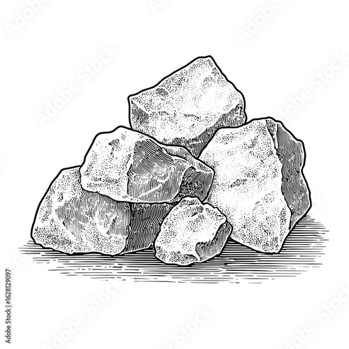 Coarse salt rock chunks in a stack on a white background  