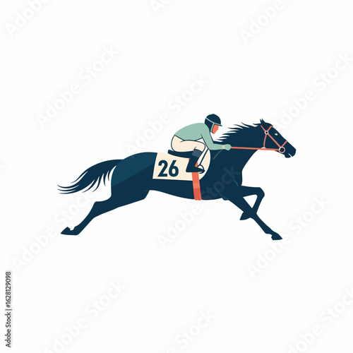 Jockey riding a dark horse during a horse race with a clean white background