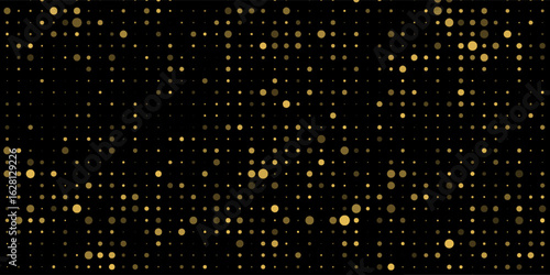 Abstract luxury banner with golden glittering dots on black background. Sparkling glitter bottom border, vector frame. Halftone effect. Magical gold dust. Pop art style backdrop.
