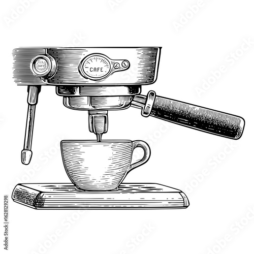 Espresso machine extracting coffee into white cup on wooden table  
