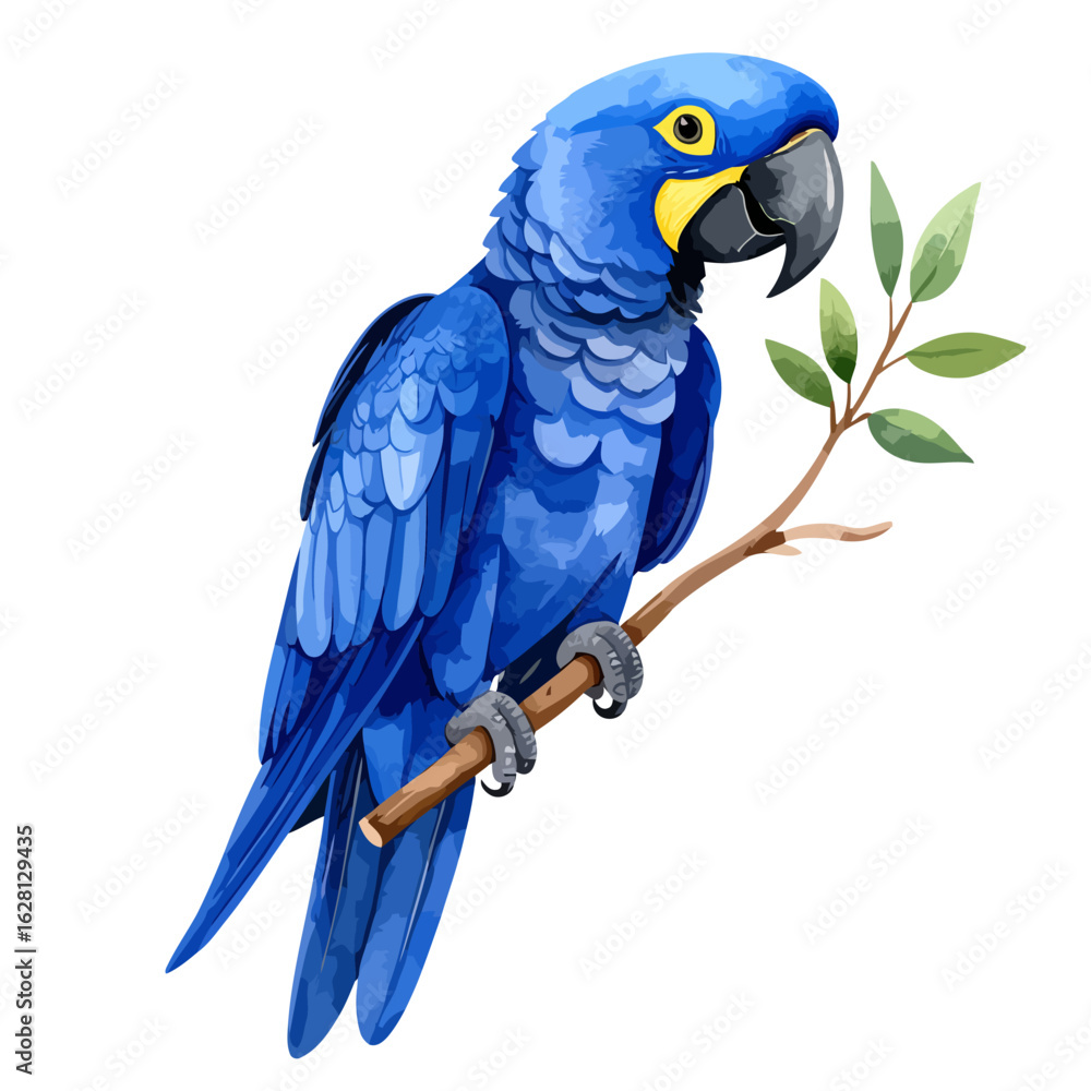 Fototapeta premium Vibrant Blue Hyacinth Macaw Perched on Branch with Green Leaves, Detailed Feathers