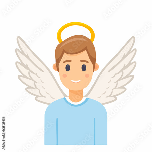 Smiling young angel boy character with white wings and a golden halo. Flat design vector illustration.