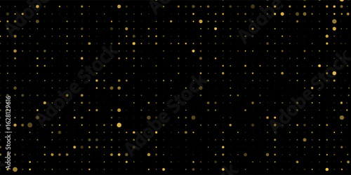 Abstract luxury banner with golden glittering dots on black background. Sparkling glitter bottom border, vector frame. Halftone effect. Magical gold dust. Pop art style backdrop.