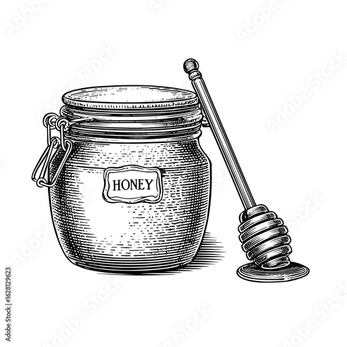 Honey jar with dipper and wax seal in vintage apothecary style  