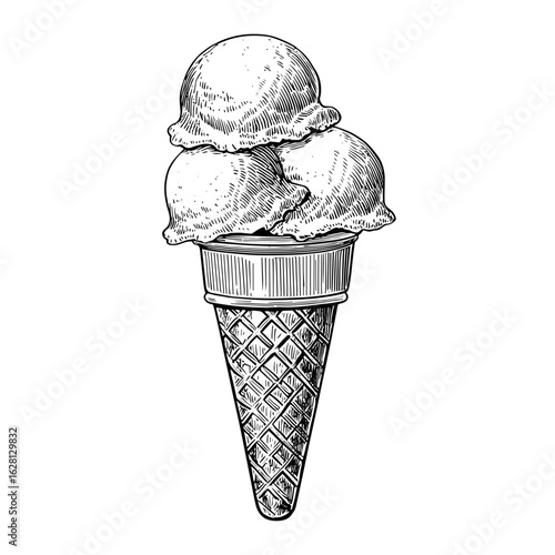 Ice cream cone with three scoops in vintage engraving style  