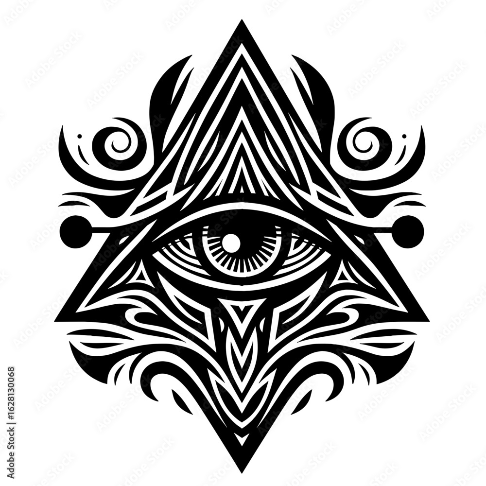Fototapeta premium Stylized eye in a triangle made with intricate geometric patterns, silhouette concept of vector illustration 
