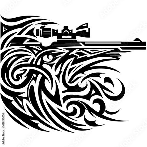 Black and white tribal design featuring a sniper rifle silhouette  